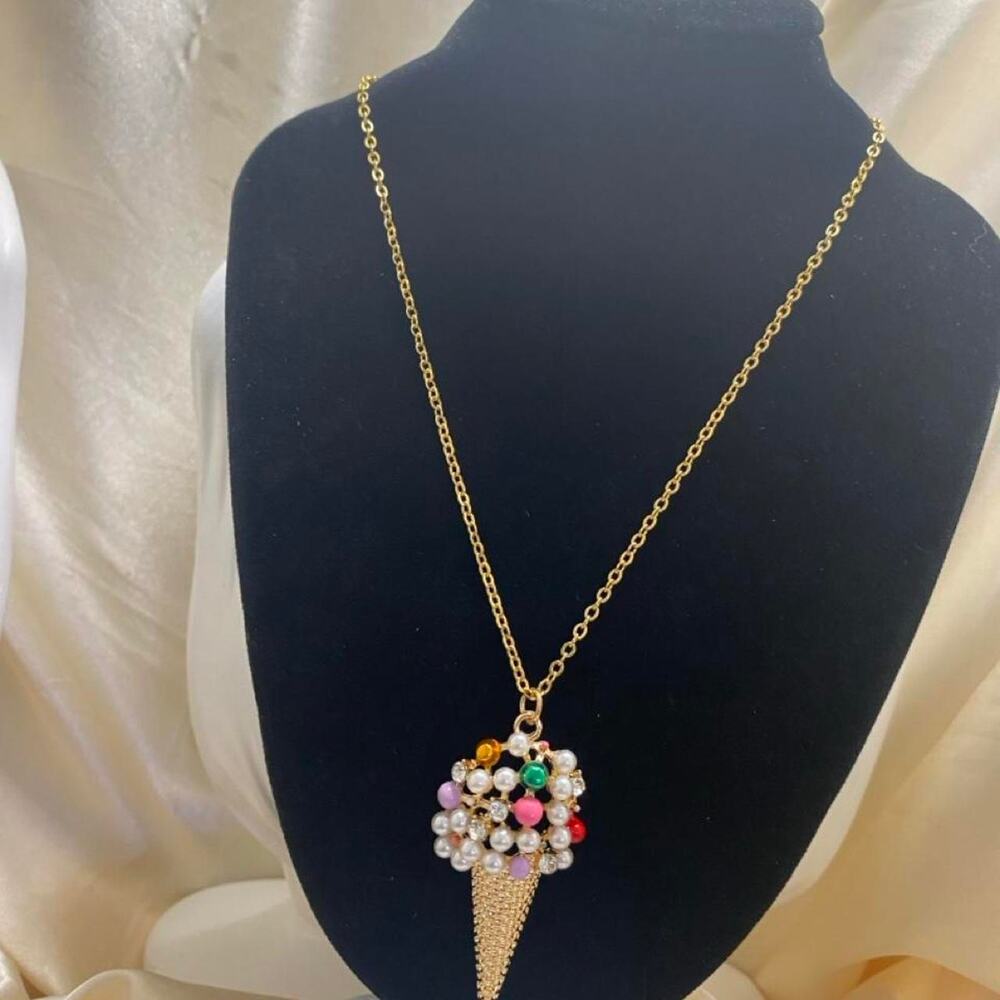 Whimsical Ice Cream Cone Faux Pearl Rhinestone Bead 18k plated chain Pendant